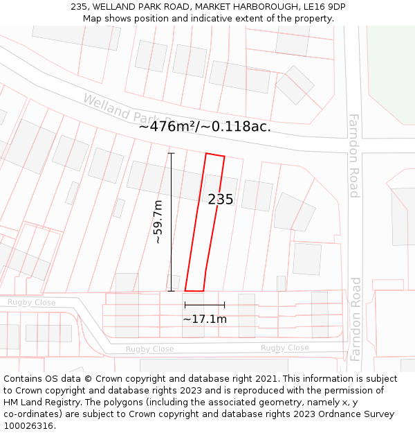 235, WELLAND PARK ROAD, MARKET HARBOROUGH, LE16 9DP: Plot and title map