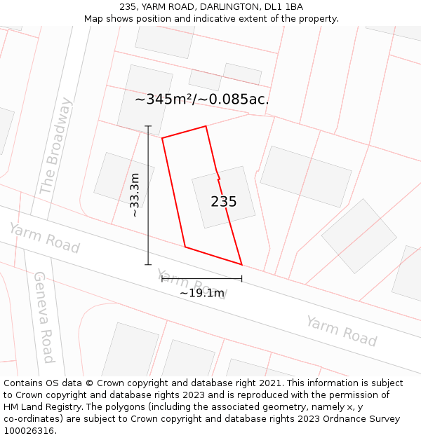 235, YARM ROAD, DARLINGTON, DL1 1BA: Plot and title map