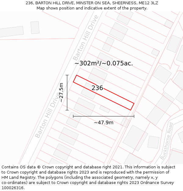 236, BARTON HILL DRIVE, MINSTER ON SEA, SHEERNESS, ME12 3LZ: Plot and title map