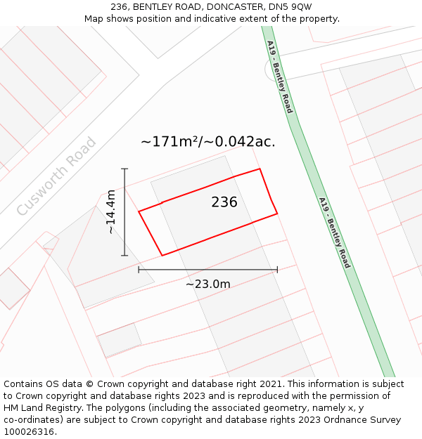 236, BENTLEY ROAD, DONCASTER, DN5 9QW: Plot and title map