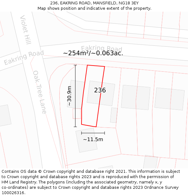 236, EAKRING ROAD, MANSFIELD, NG18 3EY: Plot and title map