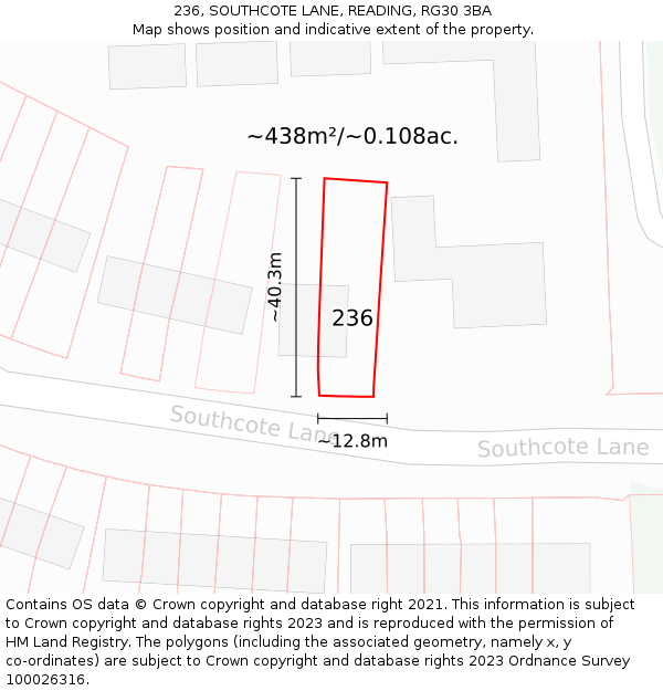 236, SOUTHCOTE LANE, READING, RG30 3BA: Plot and title map