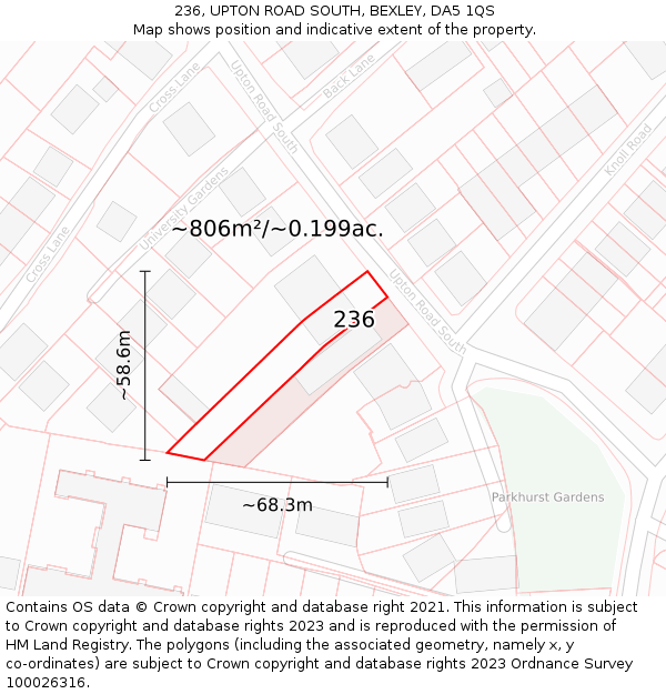 236, UPTON ROAD SOUTH, BEXLEY, DA5 1QS: Plot and title map