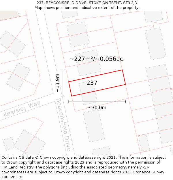 237, BEACONSFIELD DRIVE, STOKE-ON-TRENT, ST3 3JD: Plot and title map