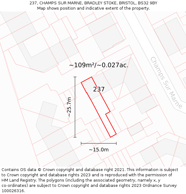 237, CHAMPS SUR MARNE, BRADLEY STOKE, BRISTOL, BS32 9BY: Plot and title map