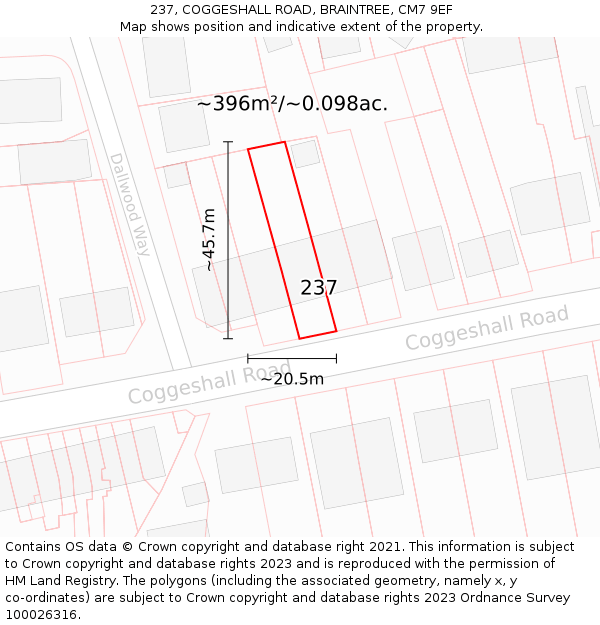 237, COGGESHALL ROAD, BRAINTREE, CM7 9EF: Plot and title map