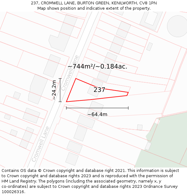 237, CROMWELL LANE, BURTON GREEN, KENILWORTH, CV8 1PN: Plot and title map