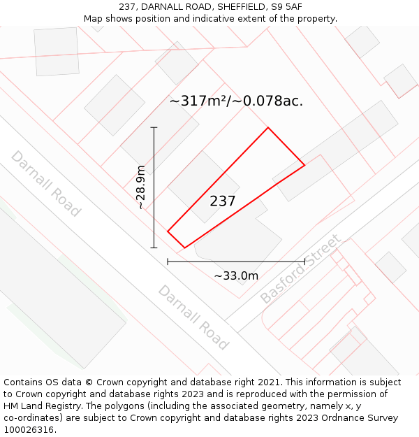 237, DARNALL ROAD, SHEFFIELD, S9 5AF: Plot and title map