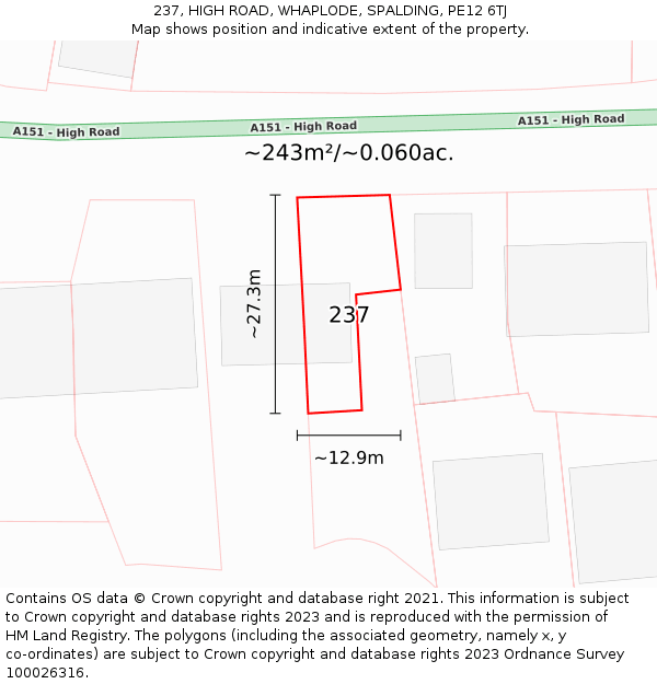237, HIGH ROAD, WHAPLODE, SPALDING, PE12 6TJ: Plot and title map