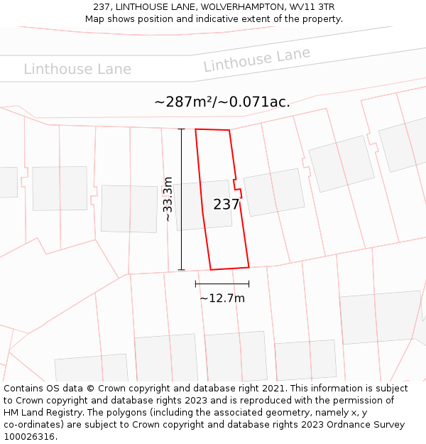 237, LINTHOUSE LANE, WOLVERHAMPTON, WV11 3TR: Plot and title map