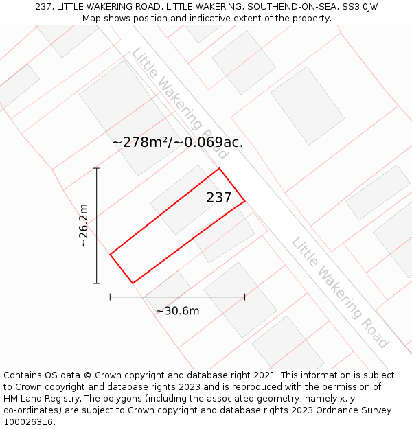 237, LITTLE WAKERING ROAD, LITTLE WAKERING, SOUTHEND-ON-SEA, SS3 0JW: Plot and title map