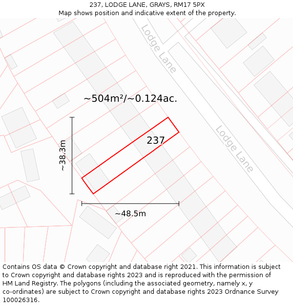 237, LODGE LANE, GRAYS, RM17 5PX: Plot and title map