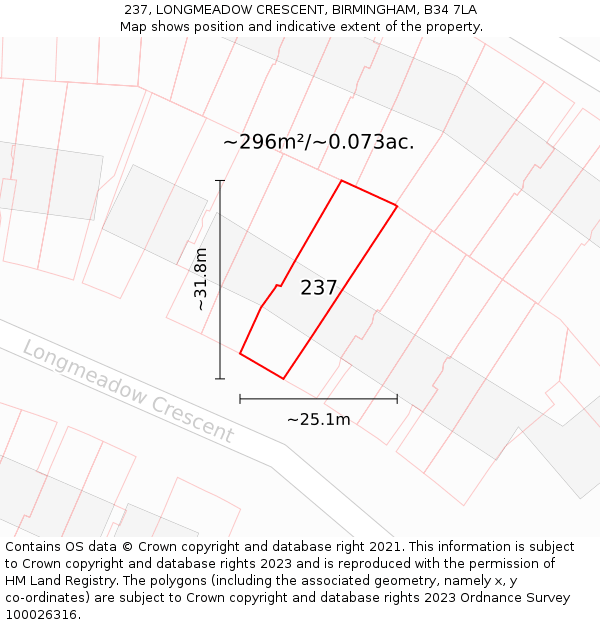 237, LONGMEADOW CRESCENT, BIRMINGHAM, B34 7LA: Plot and title map