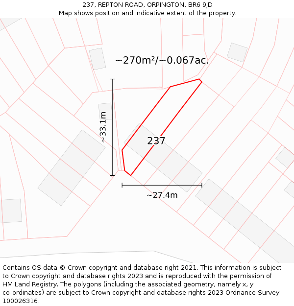 237, REPTON ROAD, ORPINGTON, BR6 9JD: Plot and title map