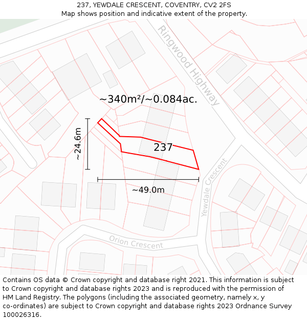 237, YEWDALE CRESCENT, COVENTRY, CV2 2FS: Plot and title map