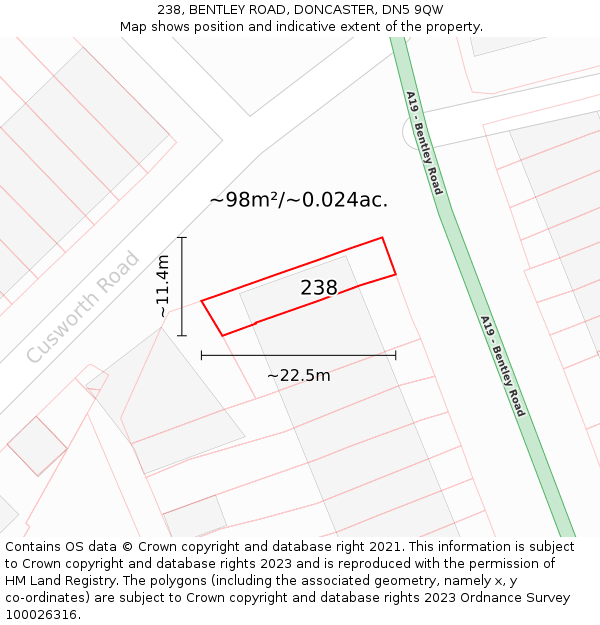 238, BENTLEY ROAD, DONCASTER, DN5 9QW: Plot and title map