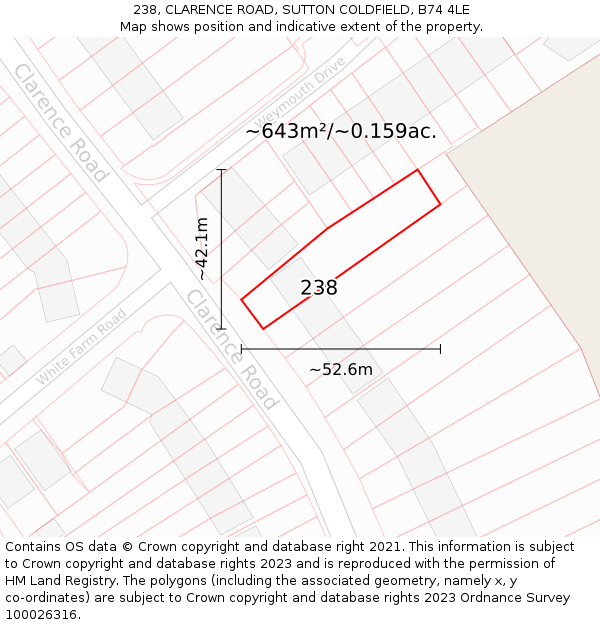 238, CLARENCE ROAD, SUTTON COLDFIELD, B74 4LE: Plot and title map