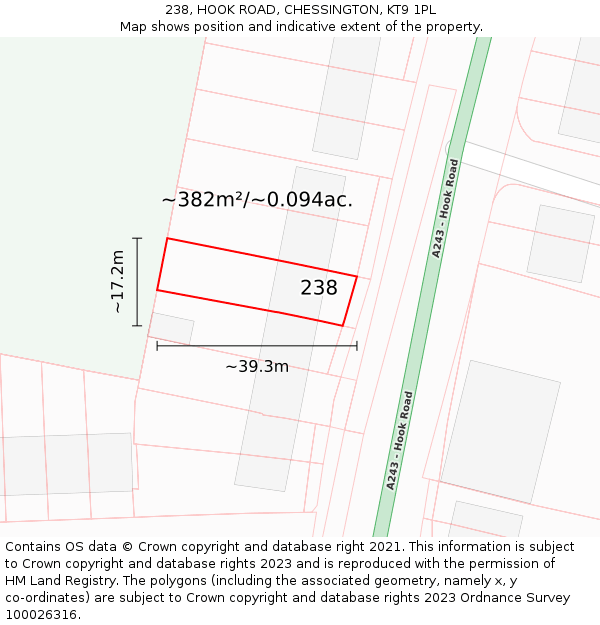 238, HOOK ROAD, CHESSINGTON, KT9 1PL: Plot and title map