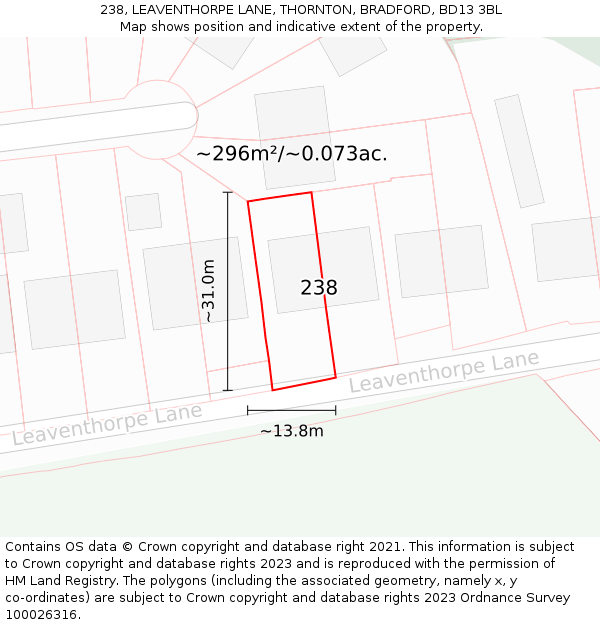 238, LEAVENTHORPE LANE, THORNTON, BRADFORD, BD13 3BL: Plot and title map