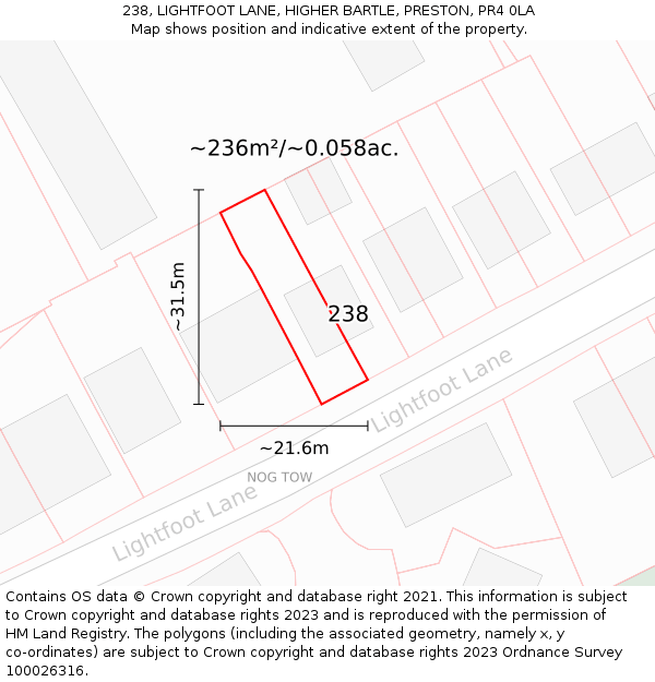 238, LIGHTFOOT LANE, HIGHER BARTLE, PRESTON, PR4 0LA: Plot and title map