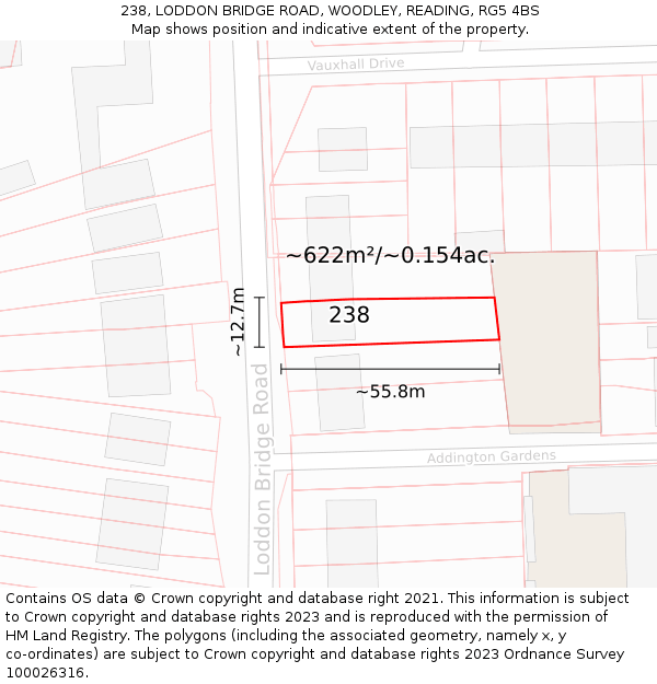 238, LODDON BRIDGE ROAD, WOODLEY, READING, RG5 4BS: Plot and title map