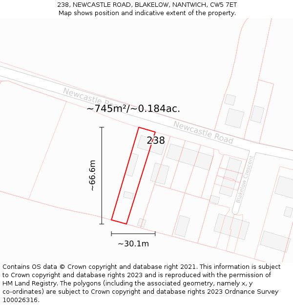 238, NEWCASTLE ROAD, BLAKELOW, NANTWICH, CW5 7ET: Plot and title map