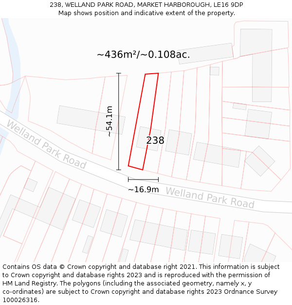 238, WELLAND PARK ROAD, MARKET HARBOROUGH, LE16 9DP: Plot and title map