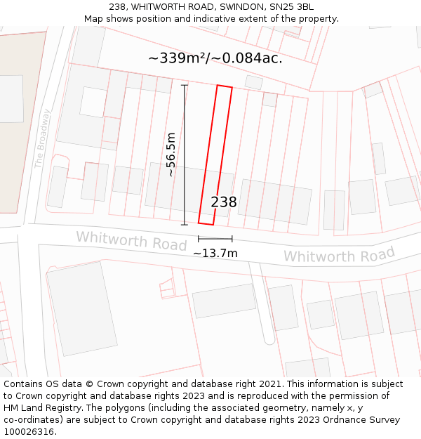 238, WHITWORTH ROAD, SWINDON, SN25 3BL: Plot and title map