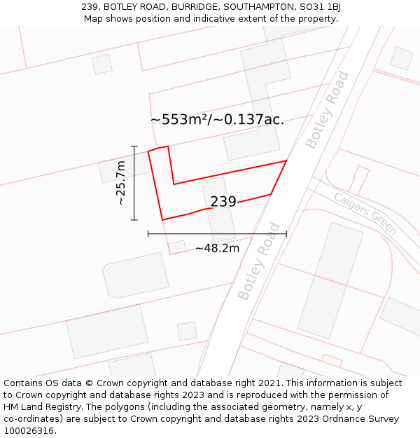 239, BOTLEY ROAD, BURRIDGE, SOUTHAMPTON, SO31 1BJ: Plot and title map