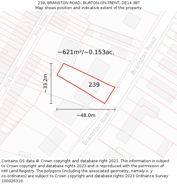 239, BRANSTON ROAD, BURTON-ON-TRENT, DE14 3BT: Plot and title map