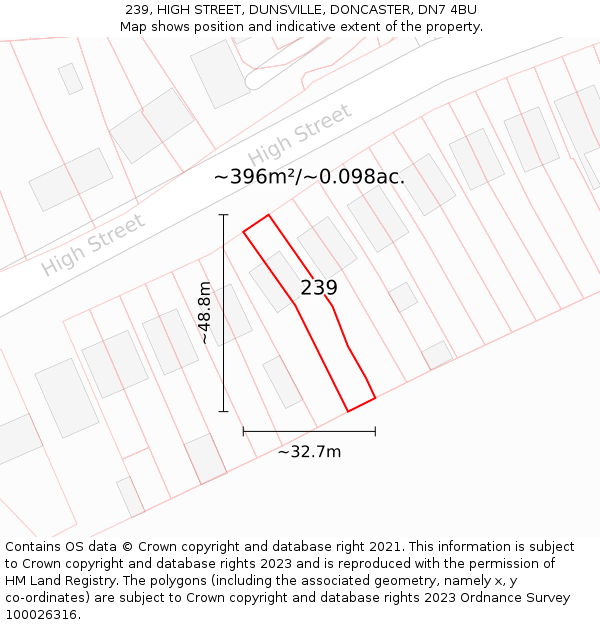 239, HIGH STREET, DUNSVILLE, DONCASTER, DN7 4BU: Plot and title map