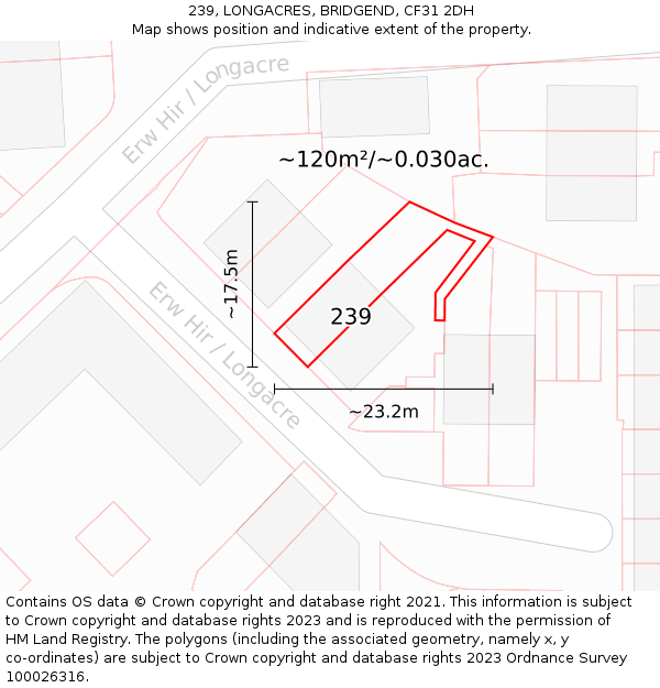 239, LONGACRES, BRIDGEND, CF31 2DH: Plot and title map