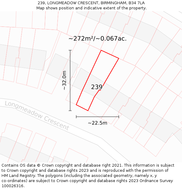 239, LONGMEADOW CRESCENT, BIRMINGHAM, B34 7LA: Plot and title map