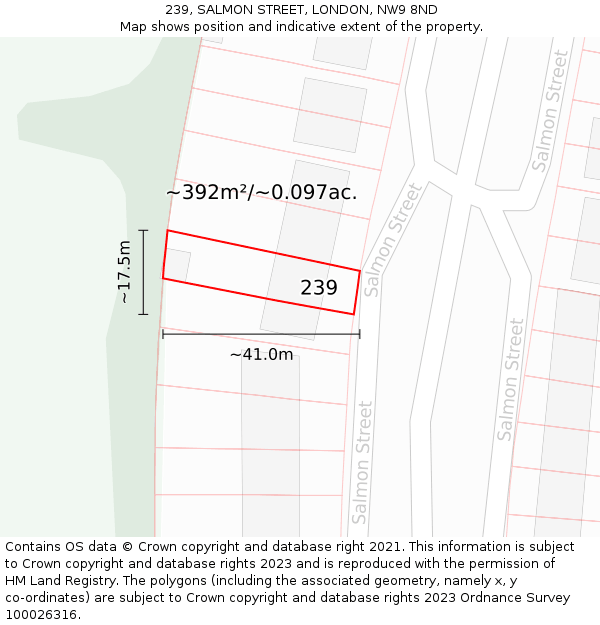 239, SALMON STREET, LONDON, NW9 8ND: Plot and title map