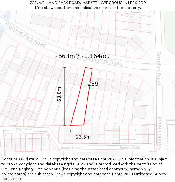 239, WELLAND PARK ROAD, MARKET HARBOROUGH, LE16 9DP: Plot and title map