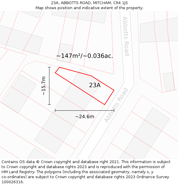 23A, ABBOTTS ROAD, MITCHAM, CR4 1JS: Plot and title map