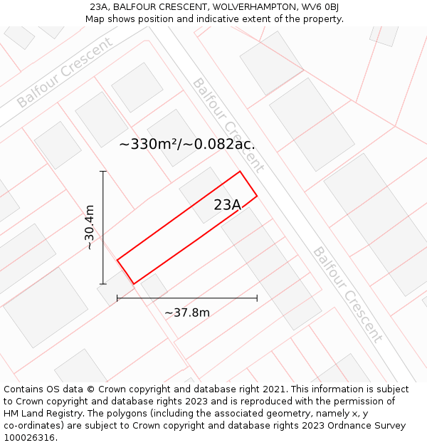 23A, BALFOUR CRESCENT, WOLVERHAMPTON, WV6 0BJ: Plot and title map