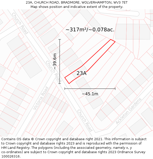 23A, CHURCH ROAD, BRADMORE, WOLVERHAMPTON, WV3 7ET: Plot and title map