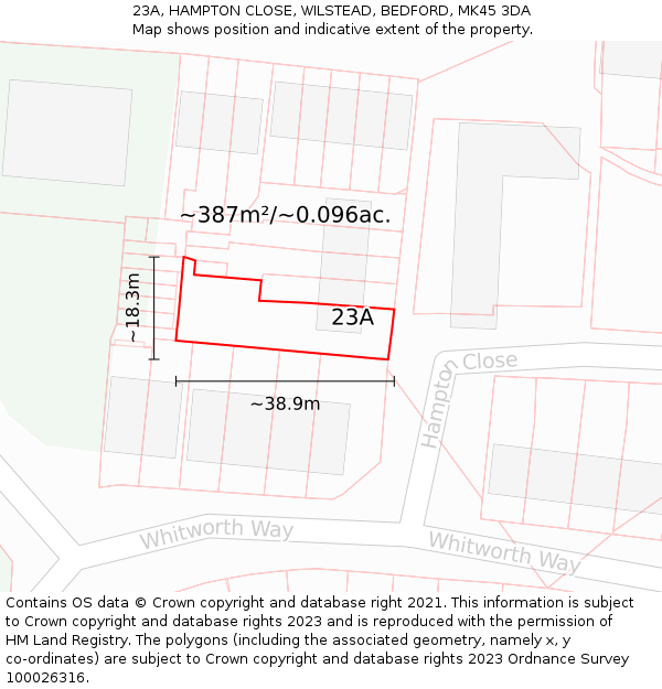 23A, HAMPTON CLOSE, WILSTEAD, BEDFORD, MK45 3DA: Plot and title map