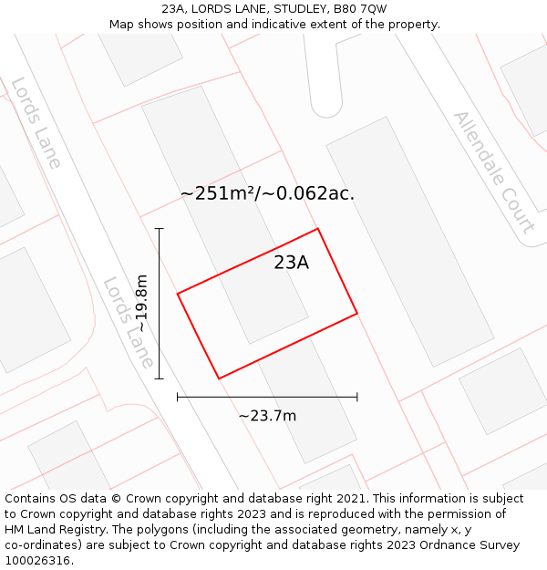 23A, LORDS LANE, STUDLEY, B80 7QW: Plot and title map