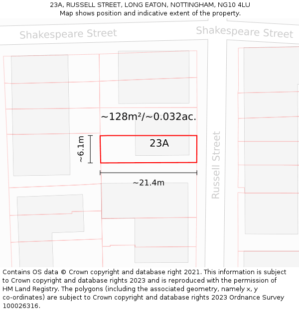 23A, RUSSELL STREET, LONG EATON, NOTTINGHAM, NG10 4LU: Plot and title map