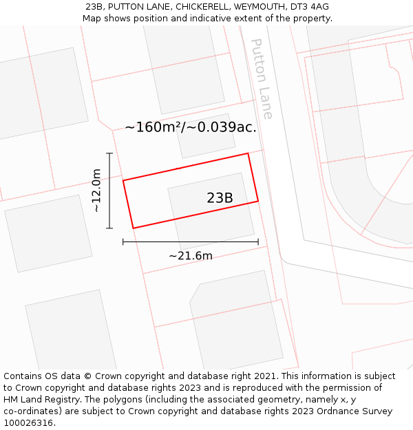 23B, PUTTON LANE, CHICKERELL, WEYMOUTH, DT3 4AG: Plot and title map