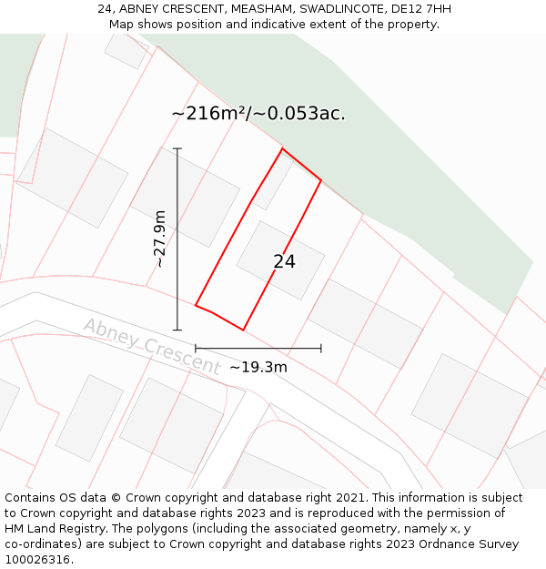 24, ABNEY CRESCENT, MEASHAM, SWADLINCOTE, DE12 7HH: Plot and title map