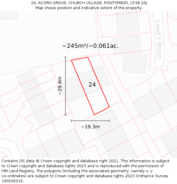 24, ACORN GROVE, CHURCH VILLAGE, PONTYPRIDD, CF38 2AJ: Plot and title map
