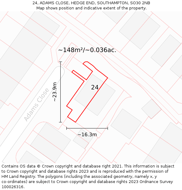 24, ADAMS CLOSE, HEDGE END, SOUTHAMPTON, SO30 2NB: Plot and title map