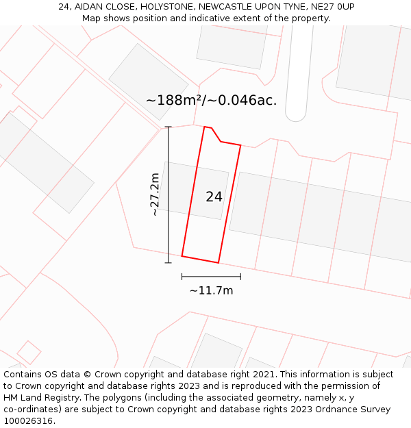 24, AIDAN CLOSE, HOLYSTONE, NEWCASTLE UPON TYNE, NE27 0UP: Plot and title map