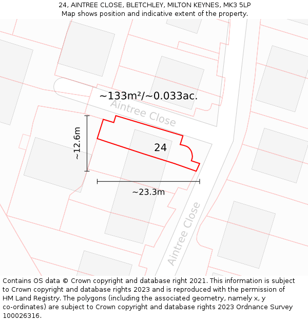 24, AINTREE CLOSE, BLETCHLEY, MILTON KEYNES, MK3 5LP: Plot and title map