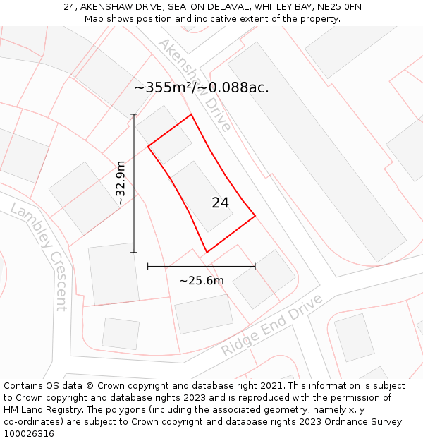 24, AKENSHAW DRIVE, SEATON DELAVAL, WHITLEY BAY, NE25 0FN: Plot and title map