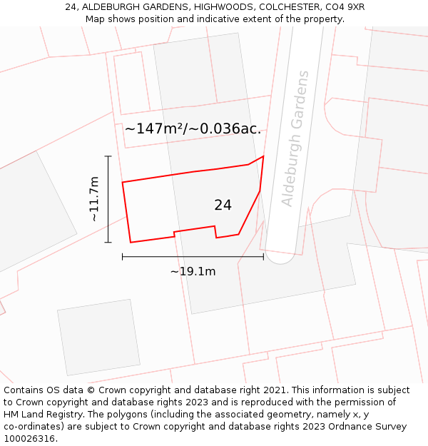 24, ALDEBURGH GARDENS, HIGHWOODS, COLCHESTER, CO4 9XR: Plot and title map