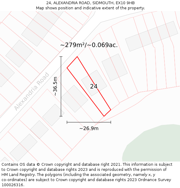 24, ALEXANDRIA ROAD, SIDMOUTH, EX10 9HB: Plot and title map